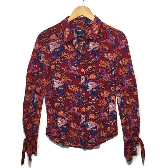 Anthropologie Maeve Bird Print Button Down Shirt Ruffle Tie Cuff  Boho Blouse 4 - Picture 15 of 16